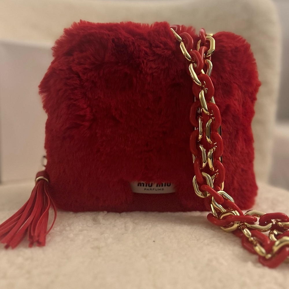 Miu Miu Red Faux Fur Upcycled Beauty Crossbody Bag with Crossbody Chain